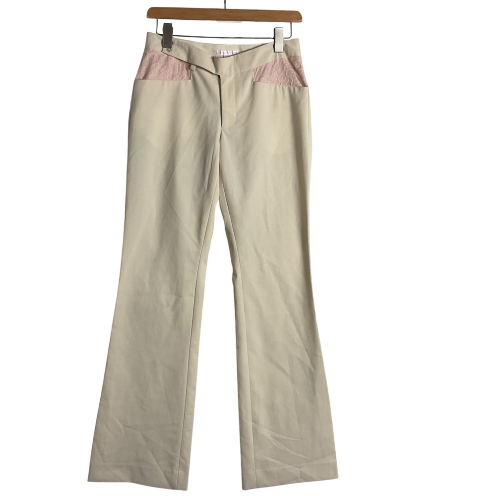 Rebecca Taylor Cream Lace Pocket Flare Dress Pants Trousers Pink Accent vintage